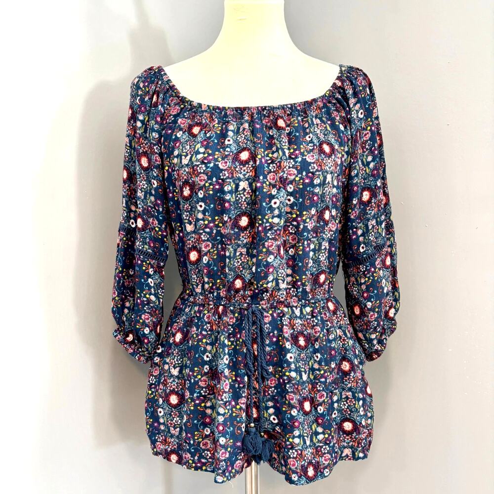 Mossimo Boho Floral Romper Medium Blue Pink Peasant Cottagecore Y2K Festival